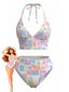Set Bikini Rosa Anni '60 Floreale a Quadri con Scollo a V