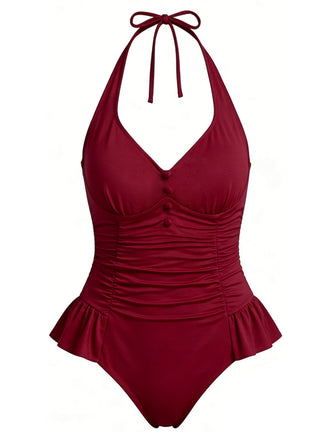 [Pre-Vendita] Costume Intero Bordeaux Halter Arricciato con Volant Anni '50