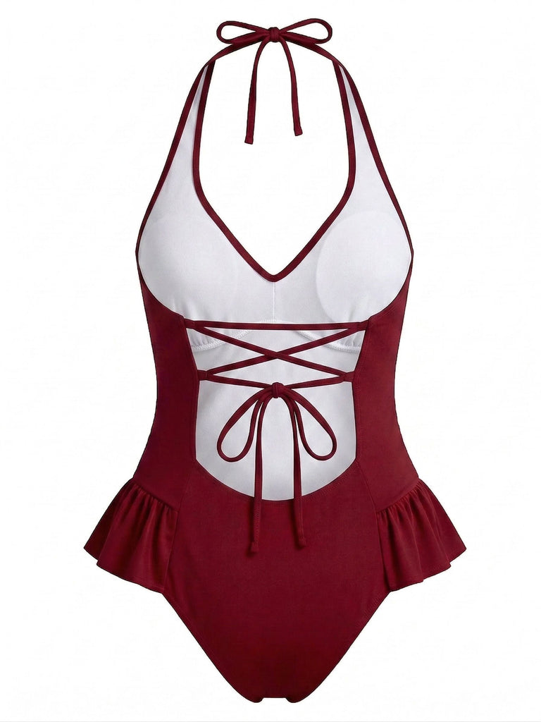 [Pre-Vendita] Costume Intero Bordeaux Halter Arricciato con Volant Anni '50 2