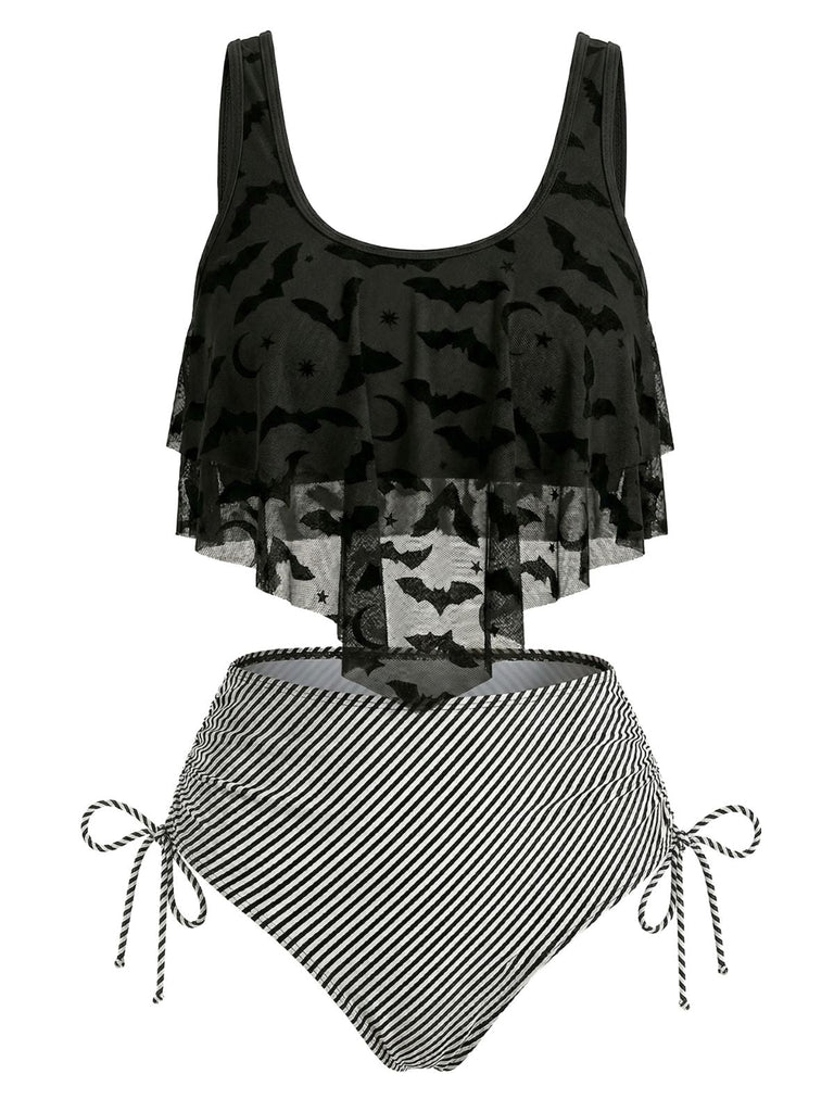 Set Tankini Gotico in Rete a Righe con Stampa Pipistrello Anni '70