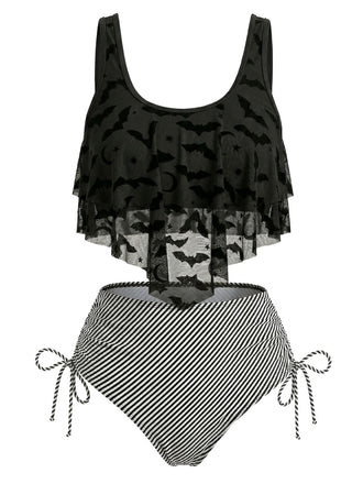 Set Tankini Gotico in Rete a Righe con Stampa Pipistrello Anni '70