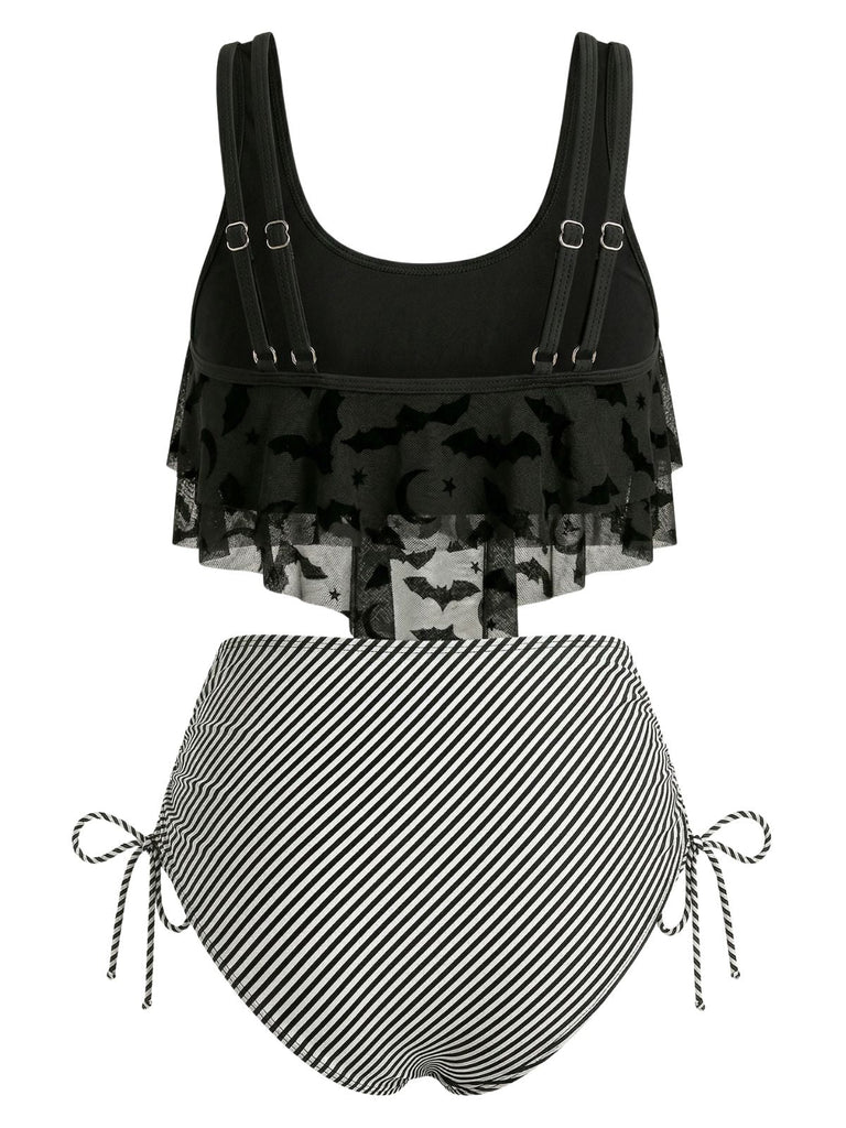 Set Tankini Gotico in Rete a Righe con Stampa Pipistrello Anni '70 2