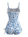 2PCS Tankini Blu Anni '50 Floreale Plissettata e Pantaloncini a Vita Alta