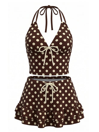 Costume da Bagno a Pois Halter con Volant - Marrone Anni '50