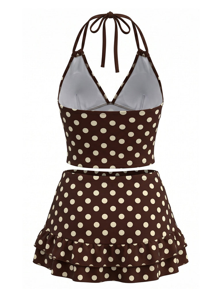 Costume da Bagno a Pois Halter con Volant - Marrone Anni '50 2