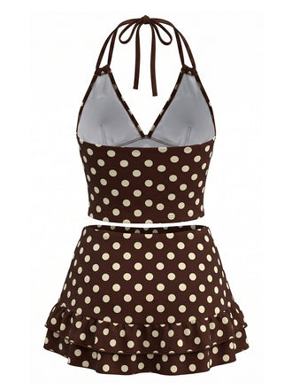 Costume da Bagno a Pois Halter con Volant - Marrone Anni '50 2