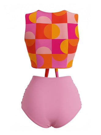 [Pre-Vendita] Set Tankini Arancione con Stampa Geometrica a Vita Alta Anni '60 2