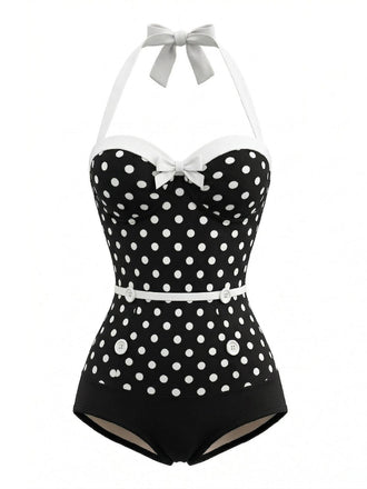 [Pre-Vendita] Costume Intero Nero Halter a Pois con Bottoni Anni '60