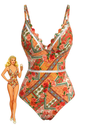 Costume da Bagno Floreale Hollow Patchwork - Arancione Anni '40