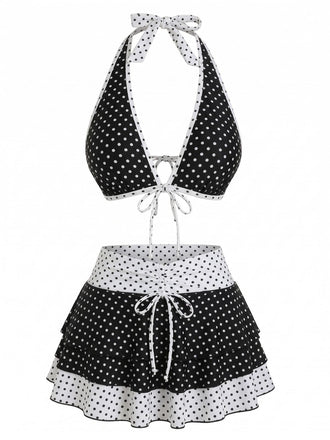2PCS Set Bikini Nero Halter a Pois e Copricostume Anni '40 2