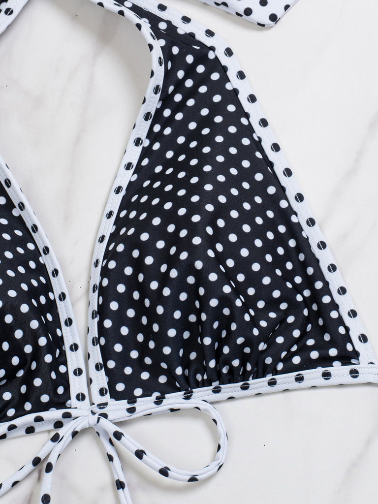 2PCS Set Bikini Nero Halter a Pois e Copricostume Anni '40 8