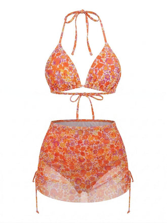 Set Bikini Arancione Floreale con Copricostume Anni '70 2