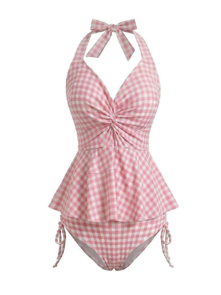 [Pre-Vendita] Set Tankini Halter a Volant Vichy Rosa Anni '50