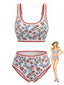 Set Tankini Rosso Anni '50 Floreale con Scollo a U con Bordo Zigzag