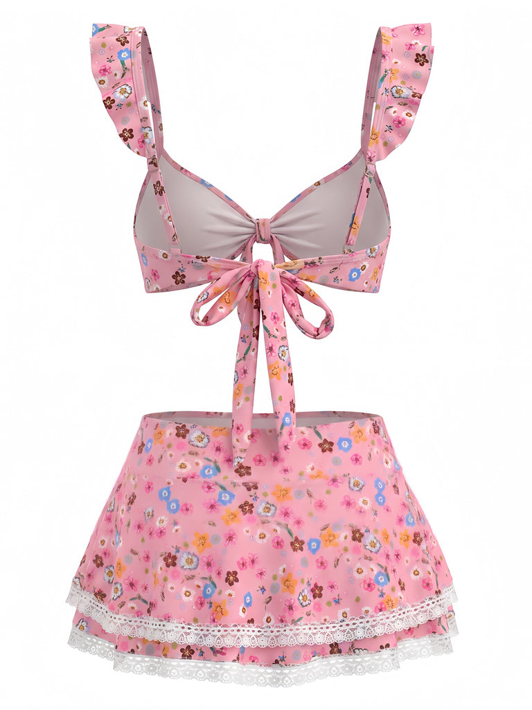Bikini Set con Spalline a Volant con Bordi in Pizzo a Fiorellini Anni '40 6