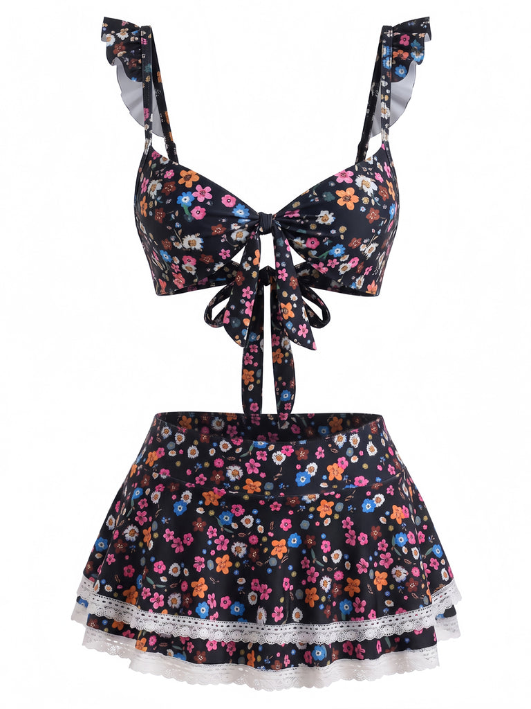 Bikini Set con Spalline a Volant con Bordi in Pizzo a Fiorellini Anni '40 11
