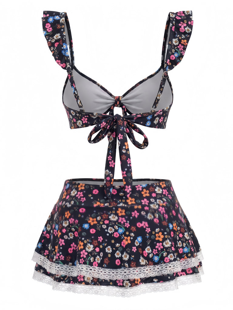 Bikini Set con Spalline a Volant con Bordi in Pizzo a Fiorellini Anni '40 14