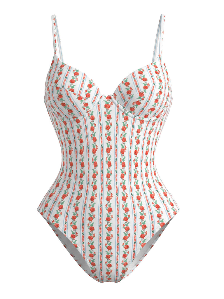 Costume Intero con Spalline Sottili a Fiorellini Arancione Anni '50