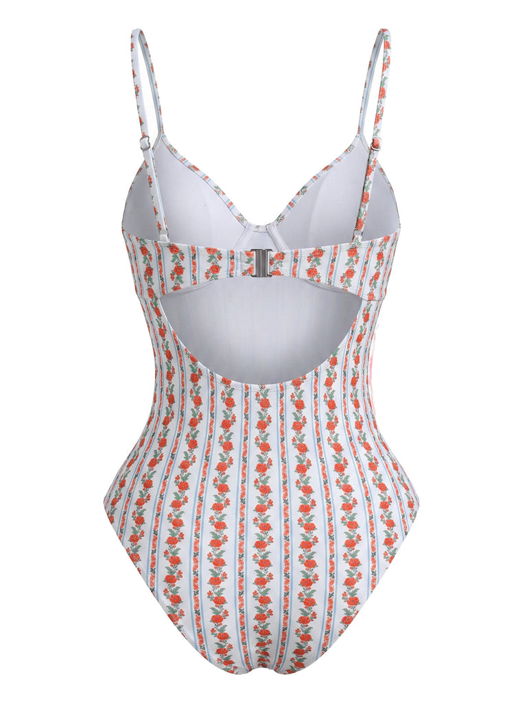 Costume Intero con Spalline Sottili a Fiorellini Arancione Anni '50 5