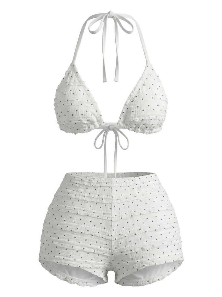 Bikini Set Arricciato con Allacciatura al Collo a Pois Bianco Anni '50