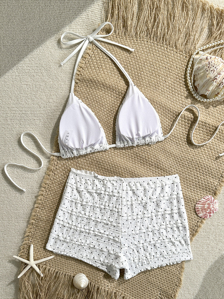 Bikini Set Arricciato con Allacciatura al Collo a Pois Bianco Anni '50 7