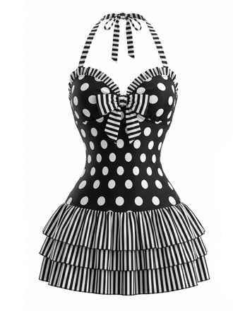 [Prevendita] Costume Intero con Gonna con Fiocco a Pois con Allacciatura al Collo Nero Anni '40