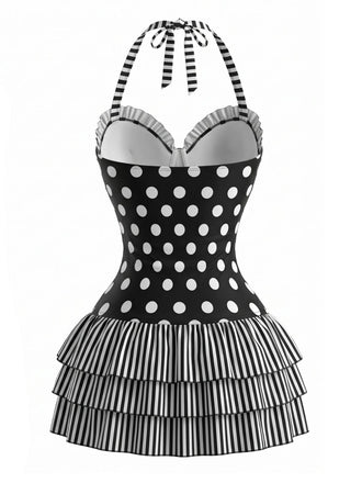 [Prevendita] Costume Intero con Gonna con Fiocco a Pois con Allacciatura al Collo Nero Anni '40 2