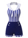 Costumi intero a righe con colletto marina blu anni '50