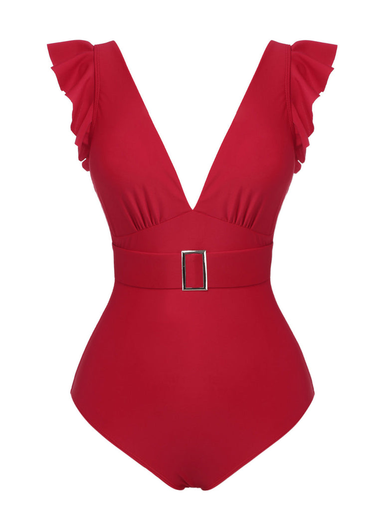 Costumi intero scollo a V profondo e cintura rosso anni '50