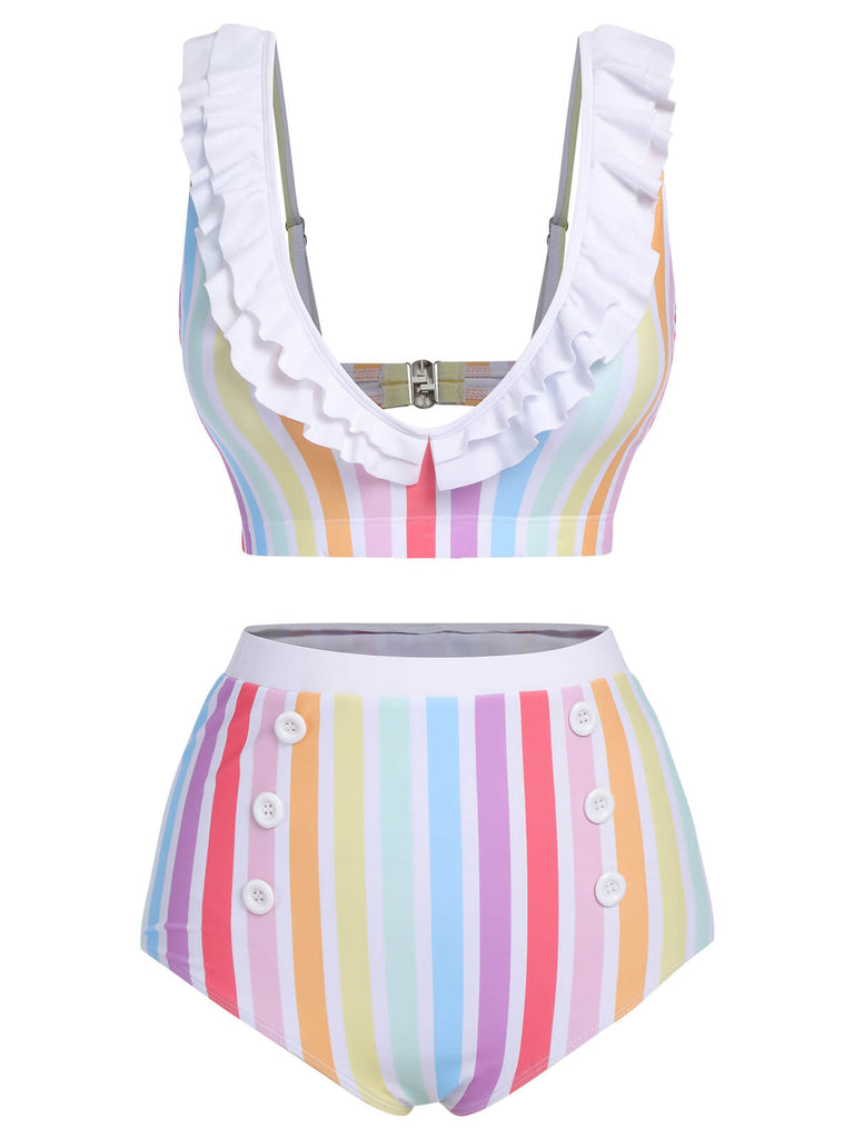 Costumi a righe arcobaleno volant multicolore anni '50