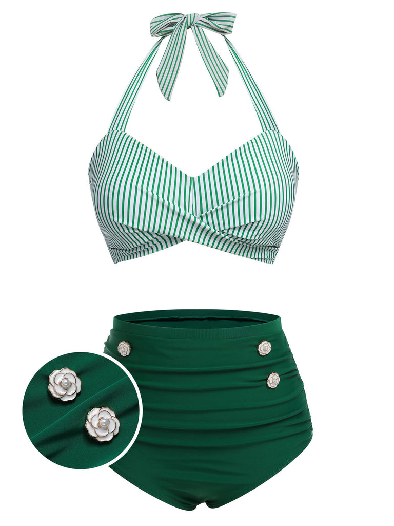 Costume da bagno con ferrettoa righe verdi anni '40