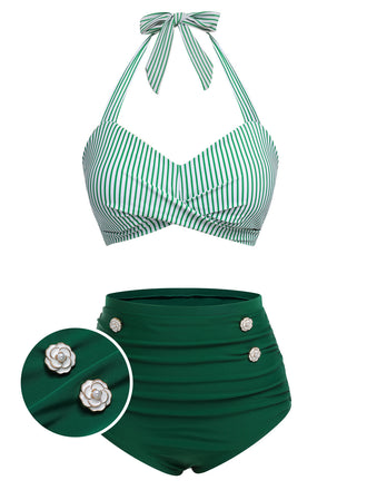 Costume da bagno con ferrettoa righe verdi anni '40