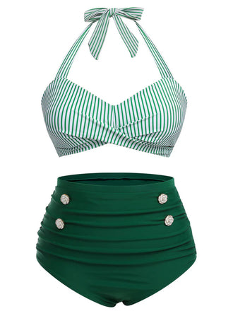 [Taglia Forti] Costumi a righe scollo all'americana verde anni '40