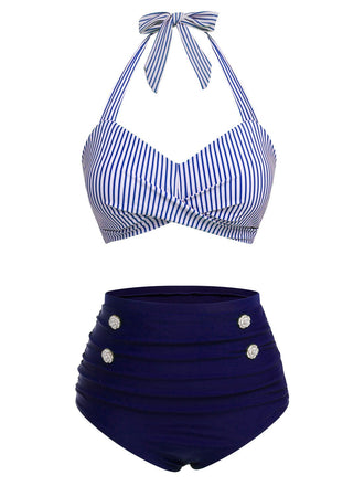 Costume da bagno con ferretto a righe blu anni '40