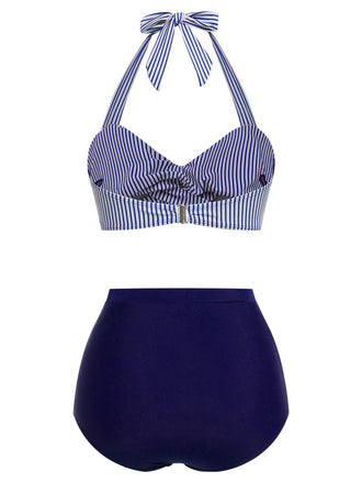 Costume da bagno con ferretto a righe blu anni '40