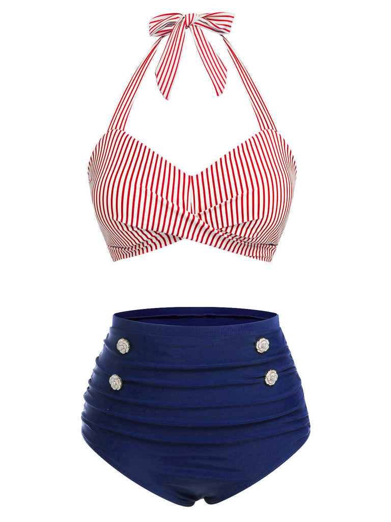 Costume da bagno patchwork a righe verticali rosso e blu anni '40