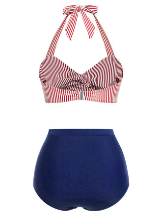 Costume da bagno patchwork a righe verticali rosso e blu anni '40