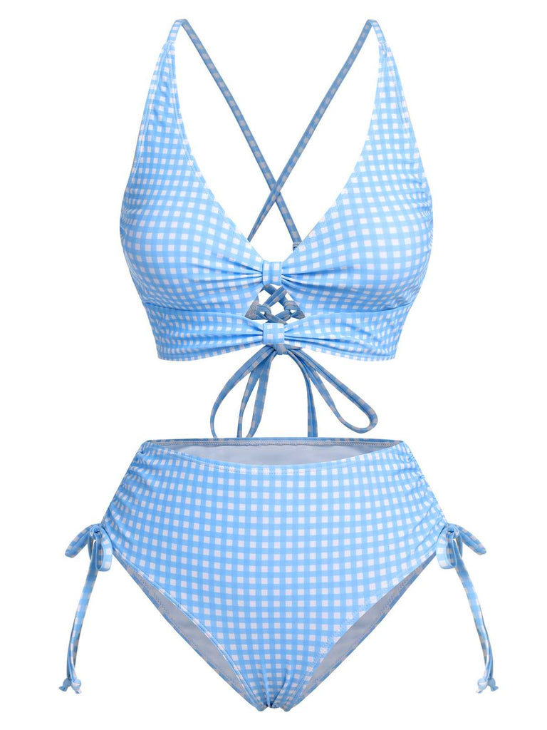 2PCS Costumi plaid e copricostume in rete blu anni '50