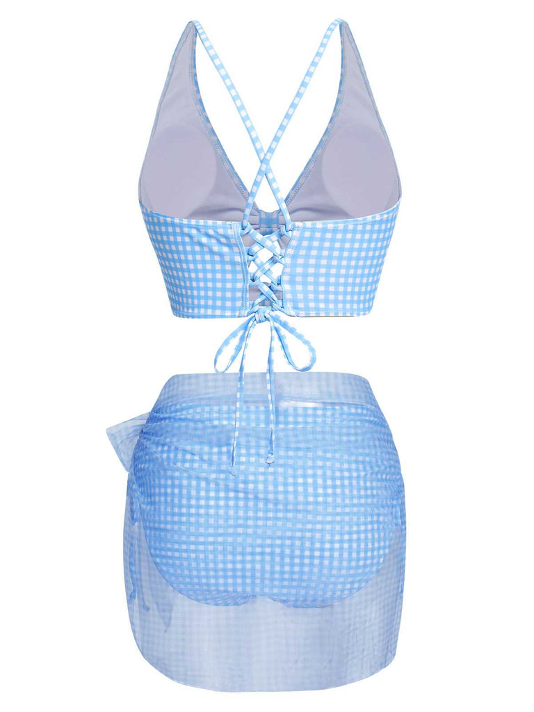 2PCS Costumi plaid e copricostume in rete blu anni '50