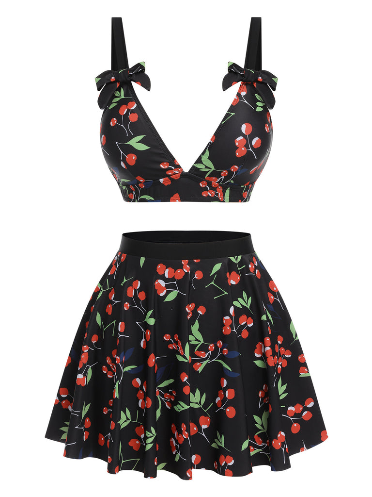 Costumi scollo a V fiocco di ciliegie nero anni '50