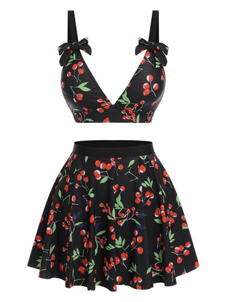 Costumi scollo a V fiocco di ciliegie nero anni '50