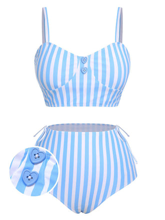 Costumi a righe con bottoni a forma di cuore blu anni '50