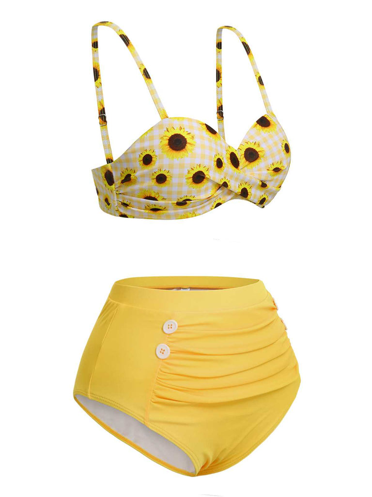 Costume da bagno giallo spalline sottili a quadri girasole anni '50
