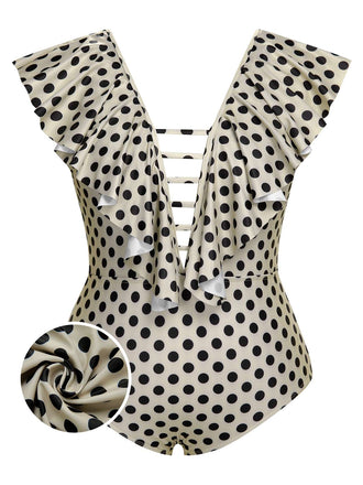 [Taglia Forti] Costumi intero con volant a pois beige anni '60