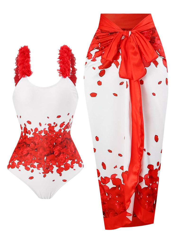 2PCS Costumi intero e copricostume floreale rosso anni '60