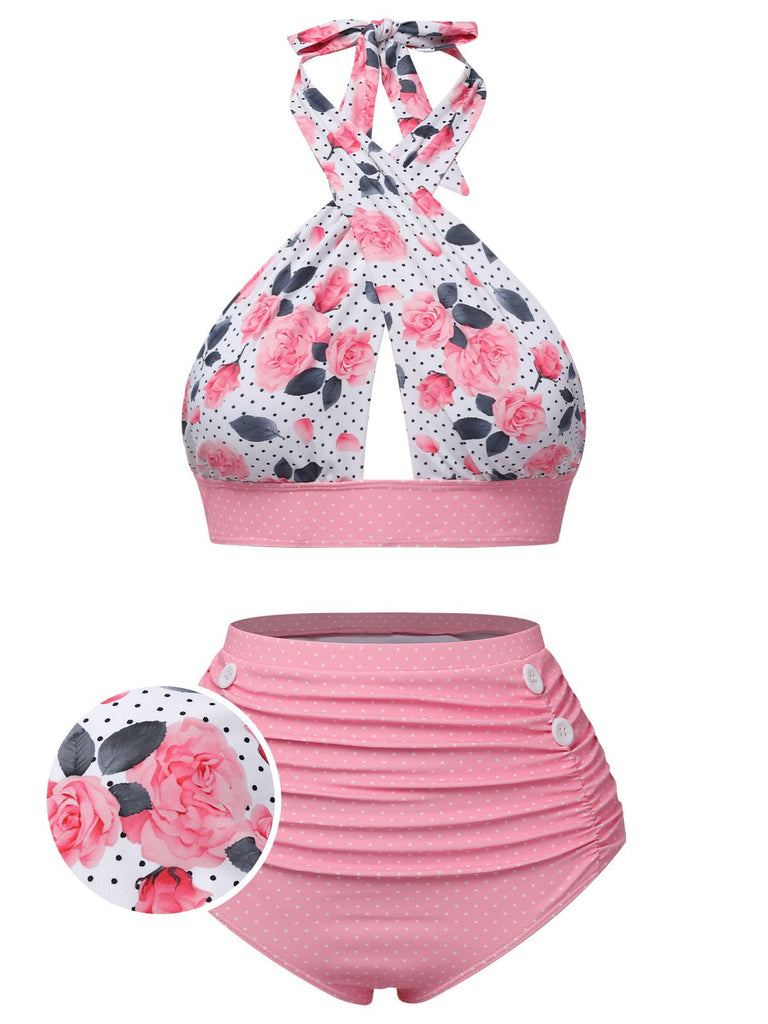 Costume da bagno incrocio floreale blu anni '40