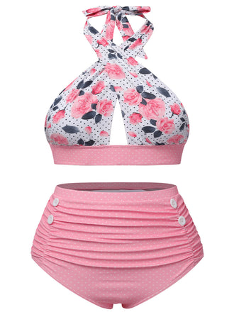 [Prevendita] [Taglie Forti] Costume da bagno incrocio floreale rosa anni '40