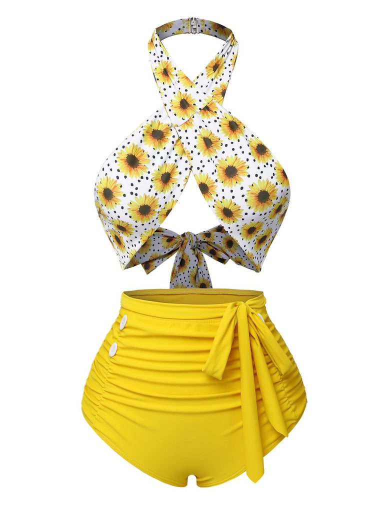 Costume da bagno incrocio floreale blu anni '40