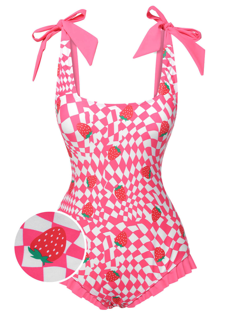 Costumi intero plaid con fragole rosa anni '60