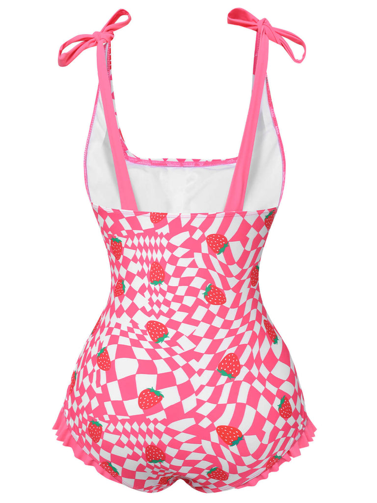 Costumi intero plaid con fragole rosa anni '60